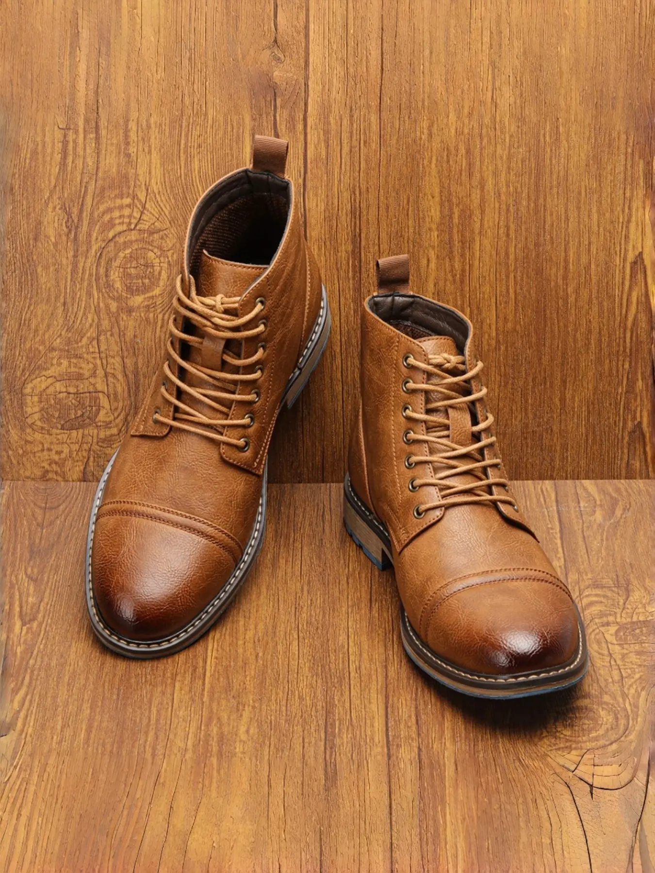 Men's Deep PU Leather Lace-Up Short Boots, Vintage Workwear Style, Anti-Slip Rubber Sole, Comfortable Stitching, High-Top Support, Footwear, Shoe