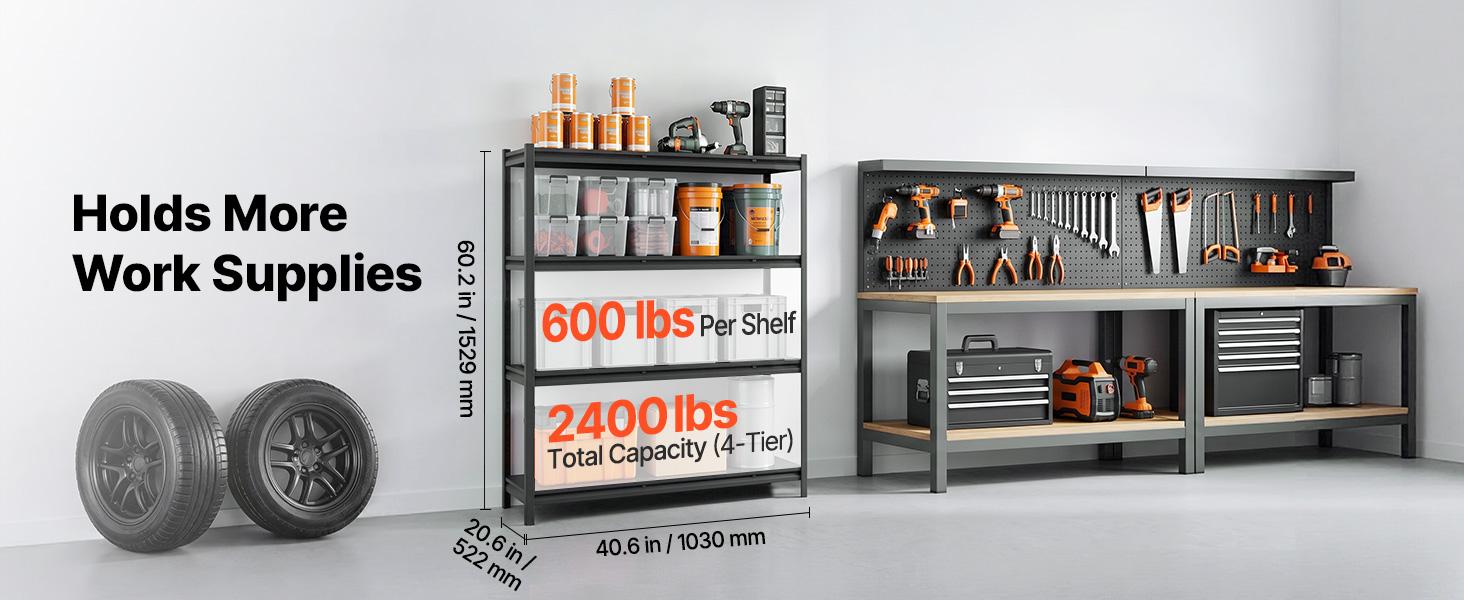 【fathersdaygift】VEVOR Storage Shelves, 4-Tier Adjustable, 2400 lbs Capacity, Heavy Duty Garage Storage Shelving Unit, Metal Utility Rack Shelf, for Garage Workshop Warehouse Basement, 40.55" W x 20.55" D x 60.2" H, Organiser