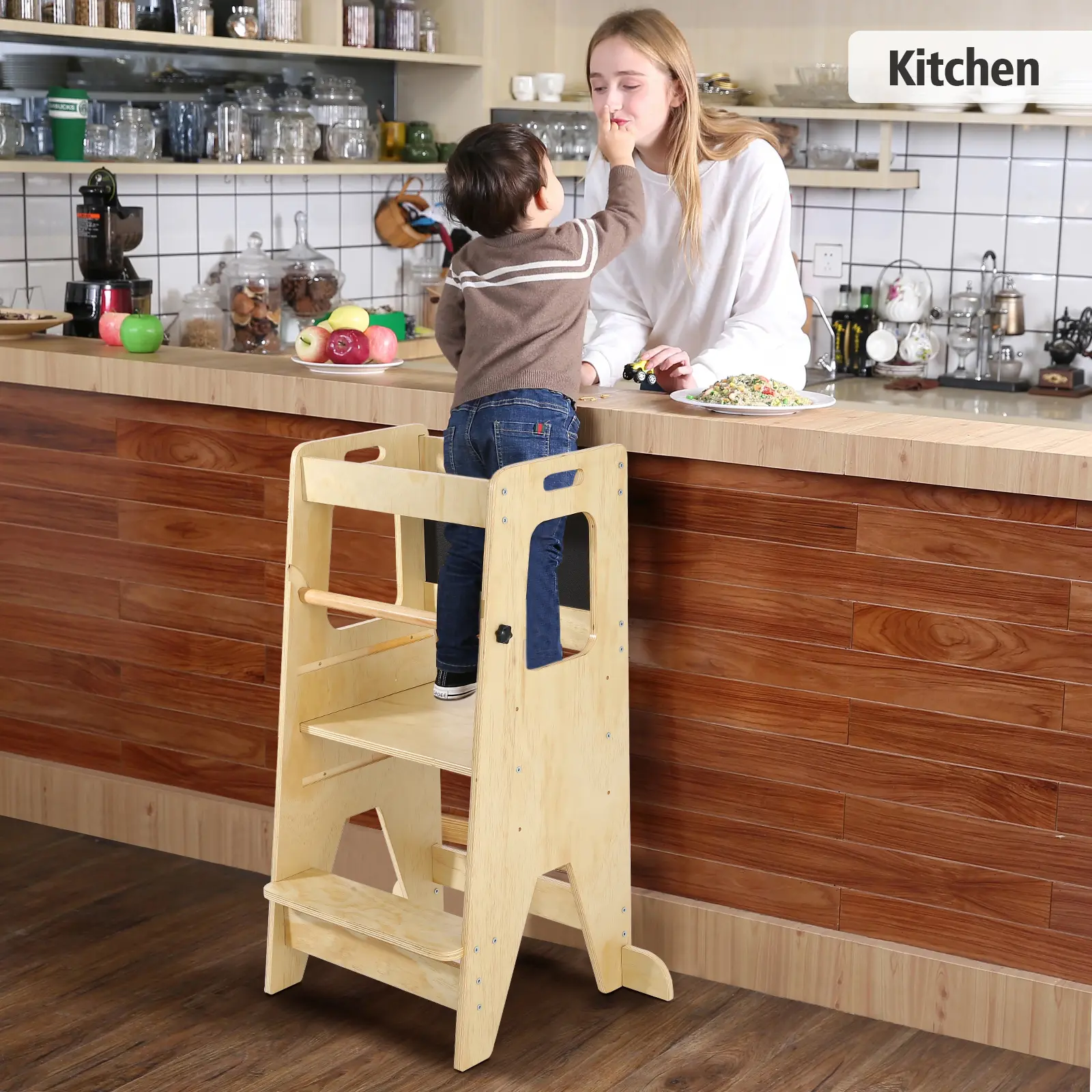 Wooden Kids Kitchen Step Stool with Blackboard & Safety Rails | Adjustable Montessori Learning Helper for Toddlers | Perfect for Bathroom & Kitchen Use, Natural