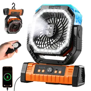 Portable Camping Misting Fan, 20000mAh Rechargeable Fan with 4 Speeds, 5.3m/s Turbo Wind, LED Light, Remote Control, 350ml Water Tank, 270° Adjustable, 90°/45° Oscillation for Outdoor, Tent, RV