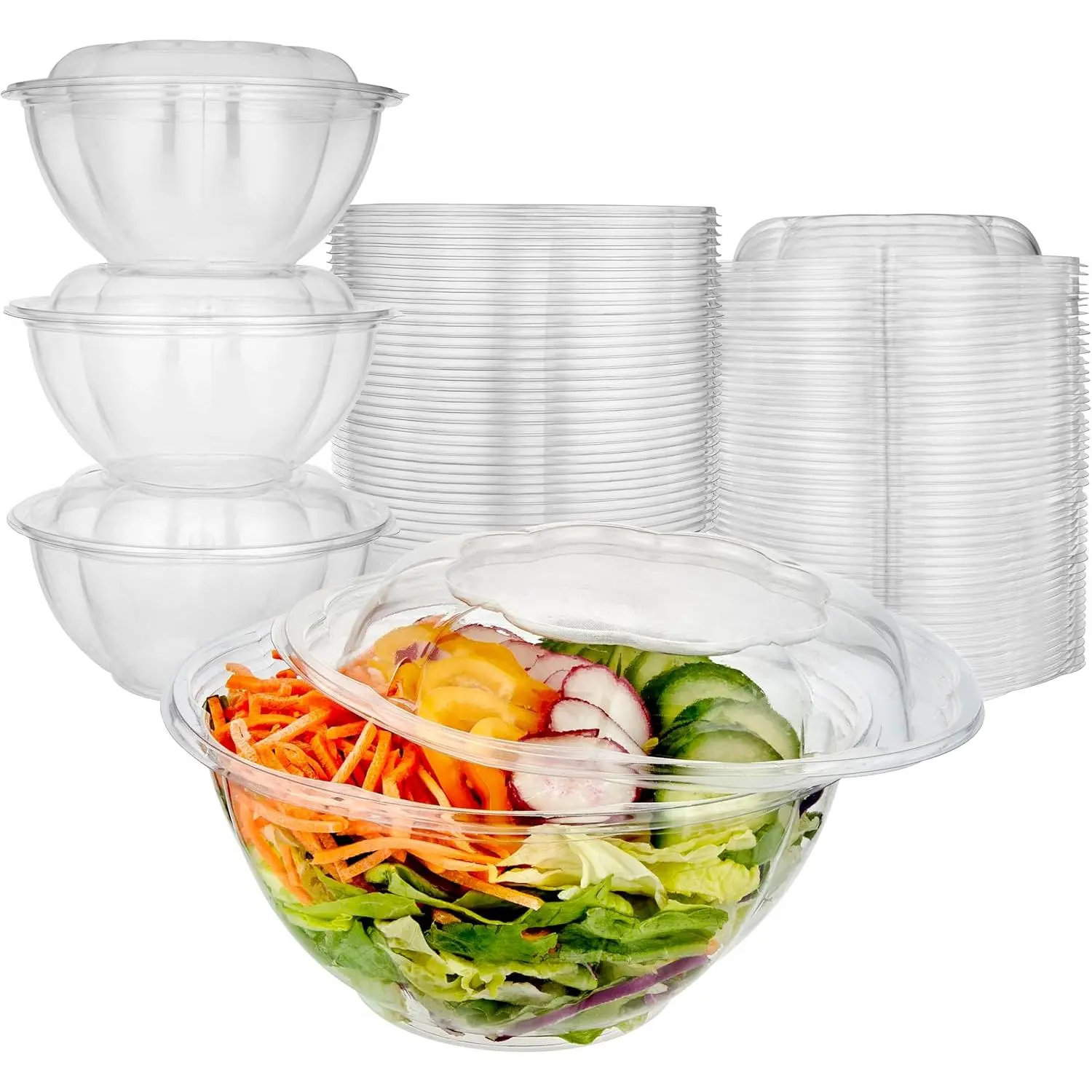50-Pack 32-oz Transparent Disposable Plastic Salad Bowls with Press-On Lids, Medium Bowl Home Supplies for Meal Prep, Takeout and Party Use