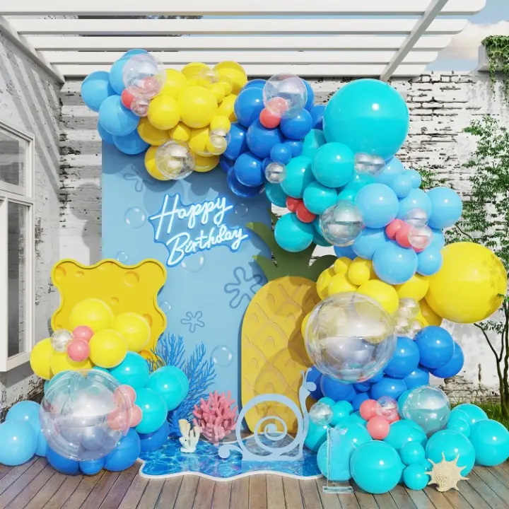 152-Piece Cartoon Sponge Balloon Arch Kit Yellow, Blue & Pink for Baby Shower & Ocean Party