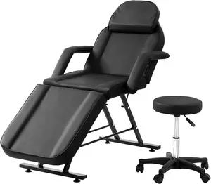 3-Section Adjustable Tattoo Chair with Stool, Folding Facial Massage Bed for Salon Spa