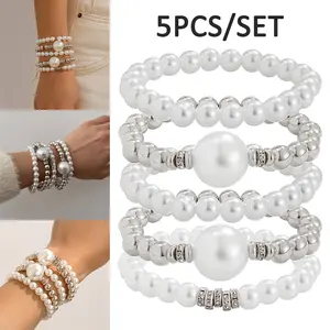 5Pcs Vintage Stacking Beads Woven Bracelet Sets Boho Retro Adjustable Handmade Elastic Bracelet for Women Valentines Birthday Beach Party Gifts