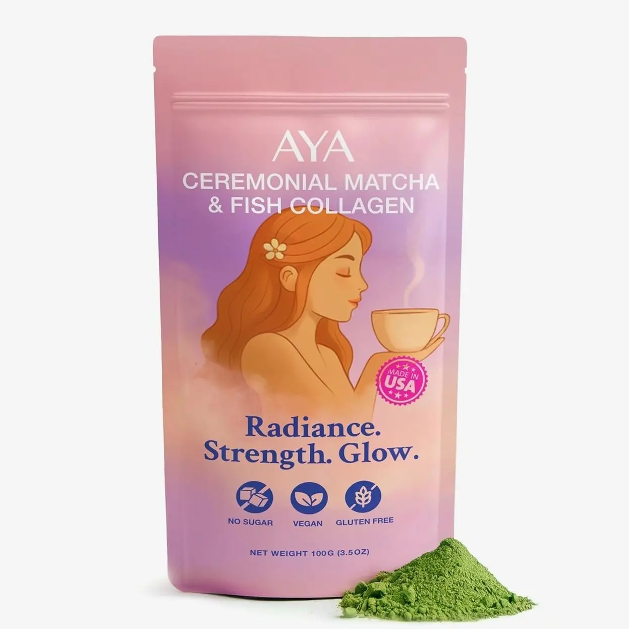 Aya Matcha Organic Ceremonial Grade Matcha Powder with Marine Collagen – Premium Matcha Green Tea for Women – Sugar Free Matcha Latte Mix – Keto Matcha Collagen Protein Powder for Lattes & Smoothies