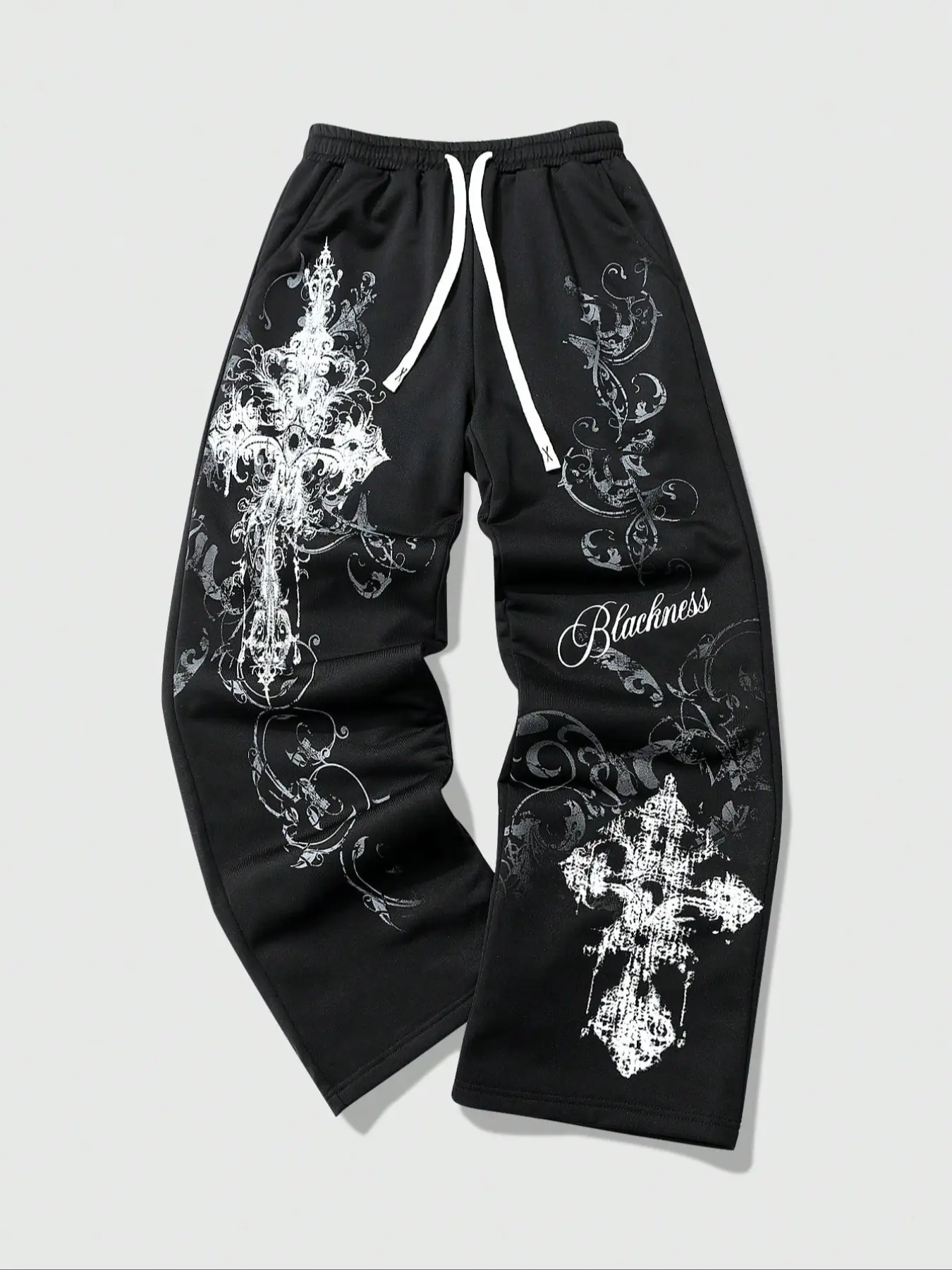 Gothic Cross Totem Print Wide Leg Pants, Dark Aesthetic Austro Style Oversized Long Pants, Streetwear Chrome Style for Trendy, Casual Fashion Loose, All Seasons Trousers