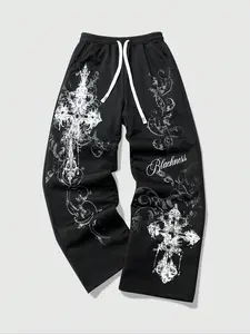 Gothic Cross Totem Print Wide Leg Pants, Dark Aesthetic Austro Style Oversized Long Pants, Streetwear Chrome Style for Trendy, Casual Fashion Loose