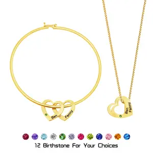 AS0196 Customized Hollow Peach Heart Engraving Name Necklace Bracelet Personalized Stainless Steel Birthstone Bracelet Necklace Gift for Men and Women