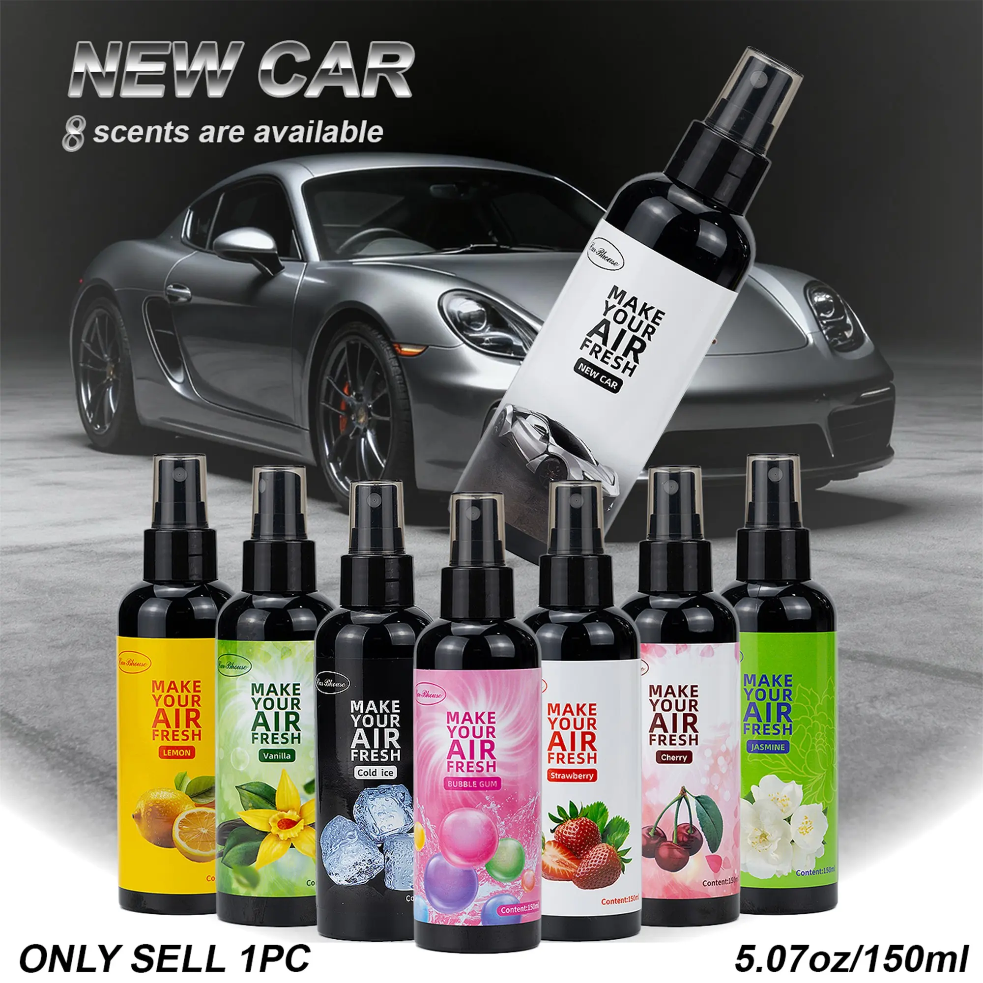 Portable Car Air Freshener Spray, Car Interior Spraying, Car Perfume, Car Accessory, 9 Scents Including New Car Scent, Fruity Sweet Scent, Long-Lasting Fragrance, Suitable for Home, Office and Car Interior, High-Quality Bottle Design, Car Smell Products