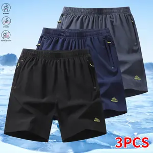 Men’s casual athletic shorts, 3-pack; side zip pockets and back zip pocket; elastic drawstring waistband; suitable for casual wear, outdoor sports, fitness, and running; summer shorts, summer clothing