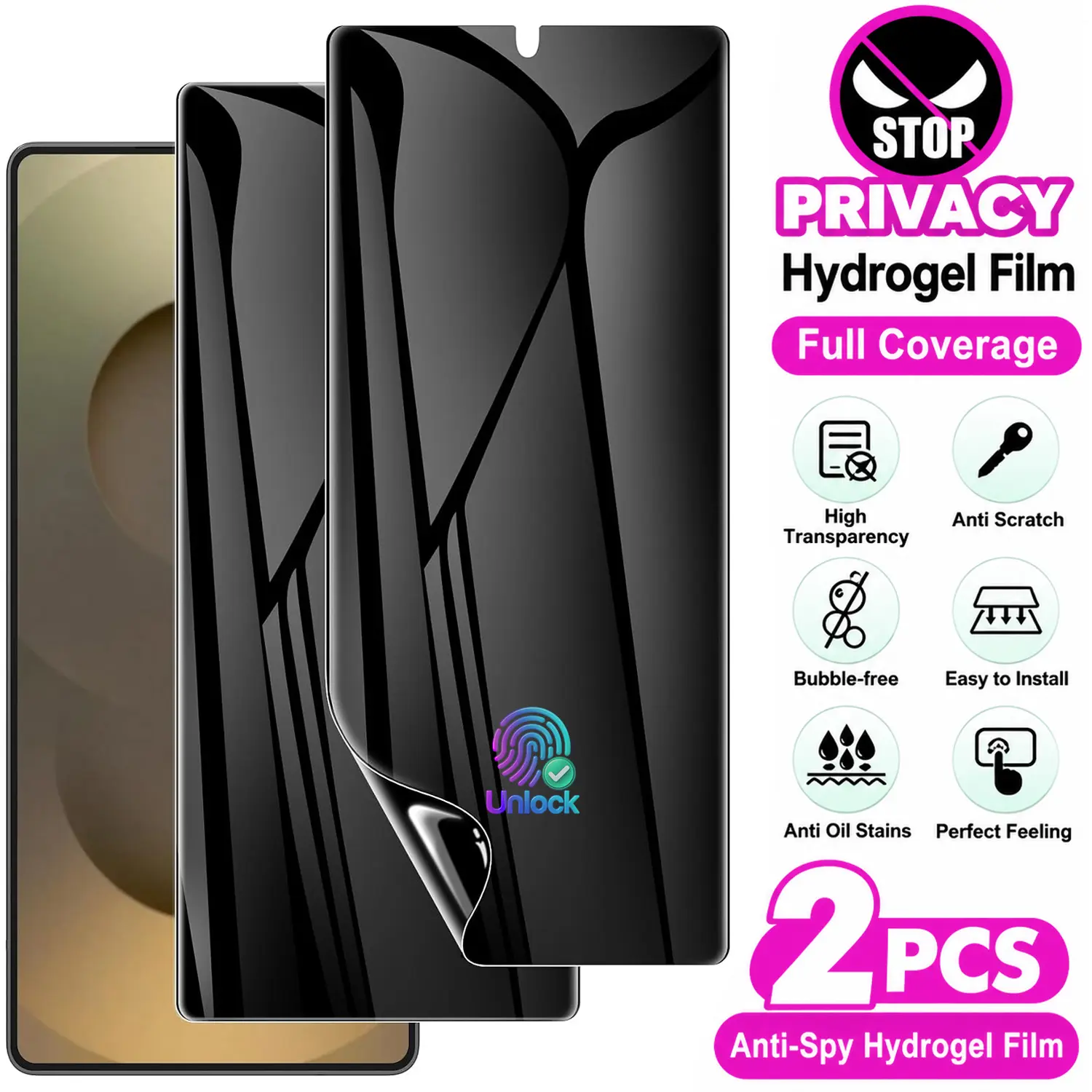 2 Pack Anti-Spy Privacy Hydrogel Screen Protector [Not Glass] For Samsung Galaxy S25 Ultra / S25 Plus / S25 / S24 Ultra / S24 Plus / S24 / S23 / S22 / S21, Full Coverage Flexible TPU Film, Self-Healing, Fingerprint Unlock, Anti-Scratch