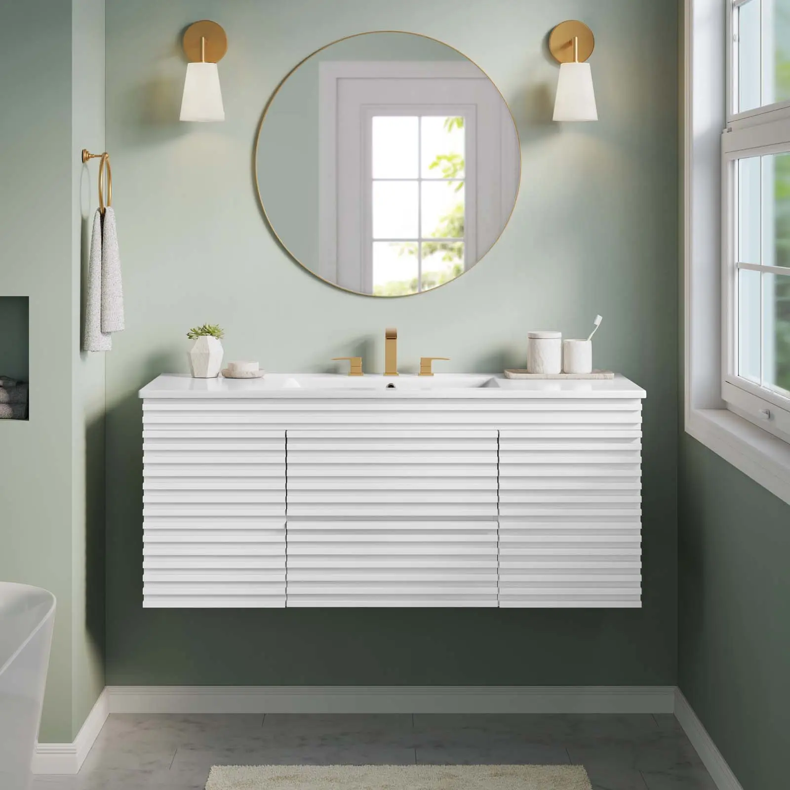 Modway Render 48" Wall-Mount White Bathroom Vanity, Modern Home Furniture for Home Improvement Bathroom Fixtures Sets