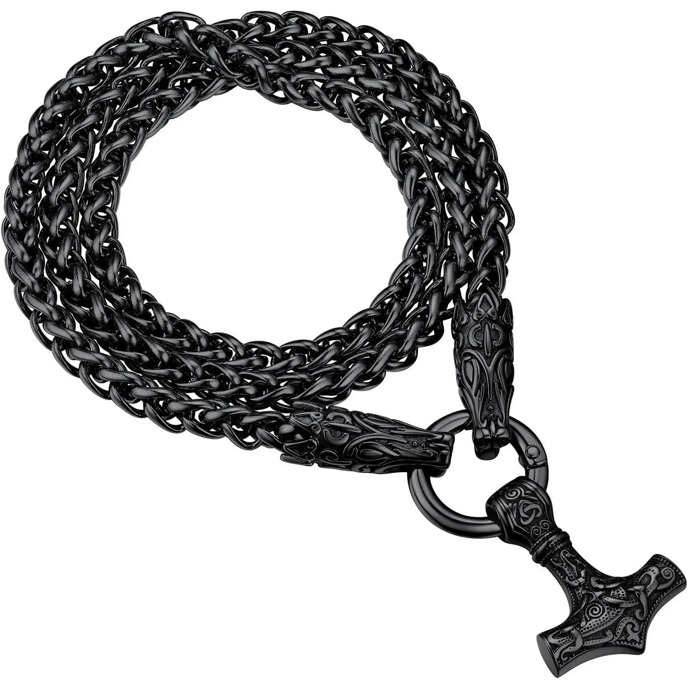 Norse Viking Jewelry for Men Women, Vintage Thor Hammer/Thor Axe/Raven/Odin Necklace, Black/Gold Plated 316L Stainless Steel Pendant Chain, Come with Box