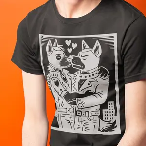 Pup Play Partners Shirt - Intimate Black and White Woodcut Design for LGBTQ+ Pup Play Community - Support Ruff Pup.org with Every Purchase