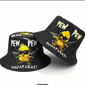 [Cool Bucket Hat] 1pc Stylish Cool "PEW PEW" 3D Print Bucket Hat | Lightweight Polyester Fisherman Cap for Men & Women - Black Cartoon Design with Yellow Chicken & Guns, Perfect for Parties, Outdoor Fun & Casual Wear, Party Accessories | Bold Fashion | Du
