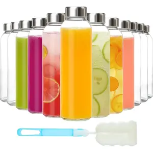 12Pack Glass Juice Bottles with Lids, 18oz Clear Juicing Bottle with Reusable Glass, Leak Proof Water Bottles with Airtight Stainless Steel Cap for Juice, Coffee, Beverage, Smoothies, Tea