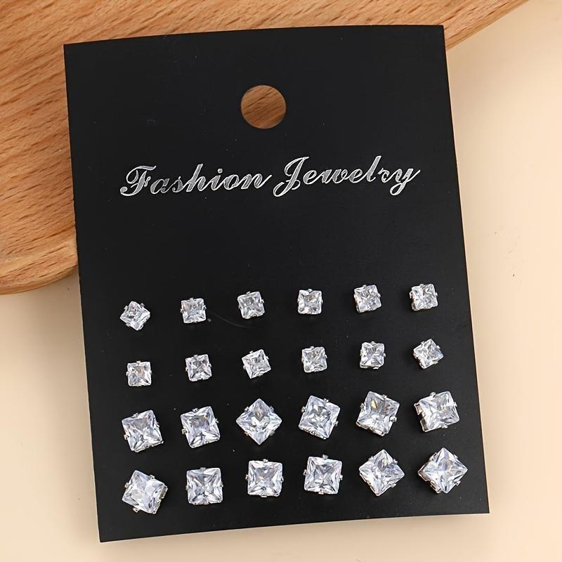 24 Pairs Exquisite Shiny Round Square Shaped Stud Earrings Sparkling Artificial Crystal Inlaid Earrings Set Party Wedding Engagement Anniversary Jewelry Set