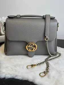 Pre-owned GUCCI Leather Top Handle Interlocking G Calfskin Grey Bag