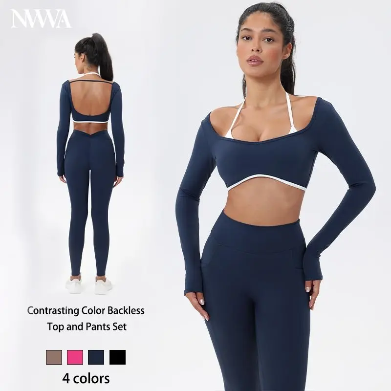 NVWA Women's Seamless 2-Piece Athletic Gym Set - High Waist Leggings with Long Sleeve Crop Top, Halter Sports Bra or Tank Top, Gym Workout Apparel, Matching 2 Piece Sets for Women, Outdoor Fitness
