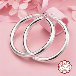925  Silver Post Chunky  Hoop Earrings,Suitable For Women,Lightweight Hollow Tube 50mm，Hypoallergenic Ear Needles, Suitable For Daily And Vacation Wear, Suitable As Valentine's Day Gift