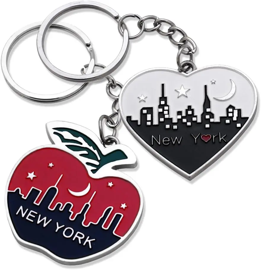 2x New York Big Apple Empire State Chrysler Building NYC Night Skyline with Big Apple Heart Shape Keychain NY Souvenir Gift Key Chain Ring - Set of 2Gift.