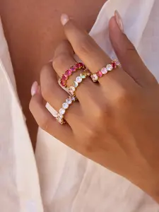 Ladies Ring Set Colorful Round Zircon Ring Series Fashion Dainty Stacking Rings Stackable Rings Stainless Steel 18k Gold Plated Waterproof And Anti Allergy Classic Dopamine Color Series Energetic And Girlish Jewelry