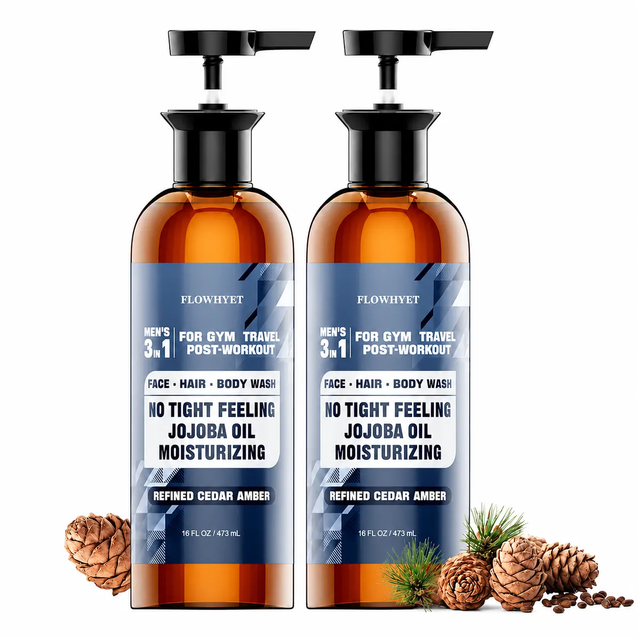Mens 3 in 1 Body Wash and Shampoo Face Wash, Shower Gel for Men | Body Wash with Jojoba Oil, Men's Shampoo for Post work Travel Body Wash Men for Gym, Cedarwood Amber Scent, 16 oz (Pack of 2)