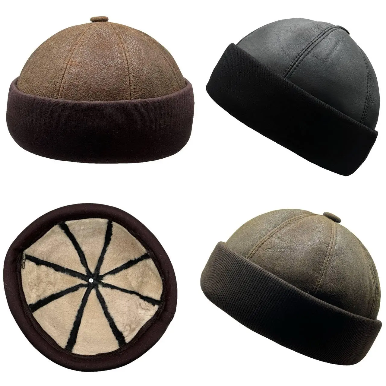 Lukkizara Unisex Genuine Leather Docker Hat - Rolled Cuff, Brimless Worker Skullcap, Classic Style, Water Resistant Black Beanie for Mom, Night Out Street Hip Hop Retro Accessory, Brimless Design, Chinese Ha6 Panels Design, Business Casual