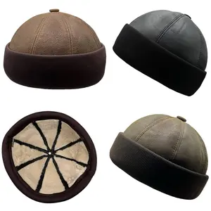 Lukkizara Unisex Genuine Leather Docker Hat Rolled Cuff Brimless Worker Skullcap Street Hip Hop Beanie Cap Retro