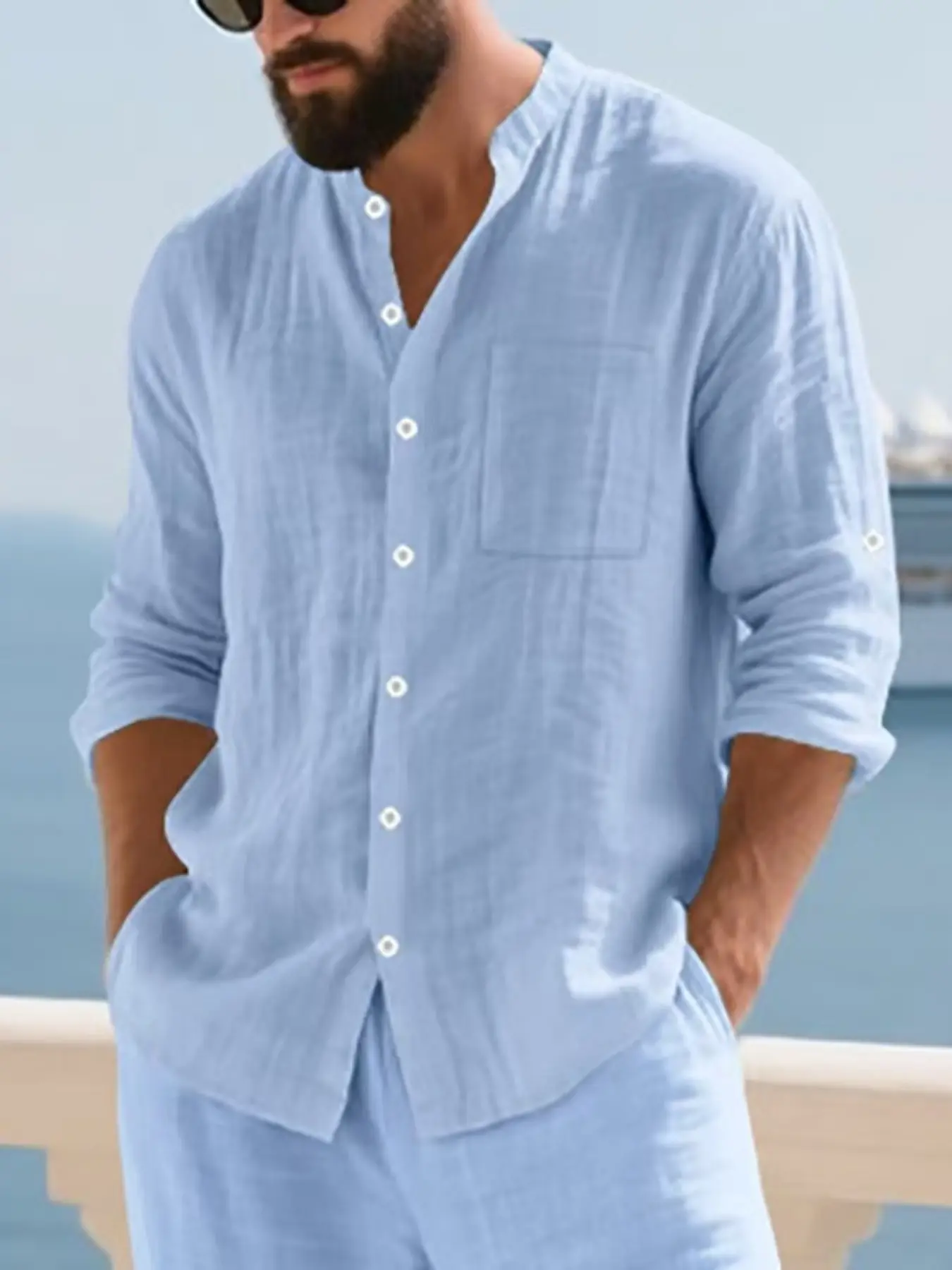 Men's Simple Button Front Long Sleeve Linen Shirt, Breathable Comfortable Fabric, Casual Style for Outdoor Activities & Business Social Events