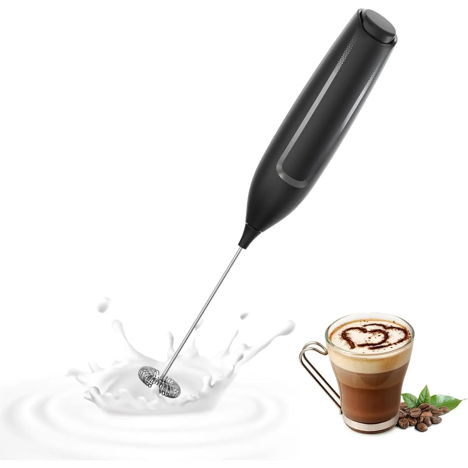 Electric Milk Frother Handheld Battery-Powered Electric Milk Frother Milk Frothing Wand Beverage Stirrer with Stainless Steel Whisk Suitable for Coffee Matcha Latte Cappuccino Black
