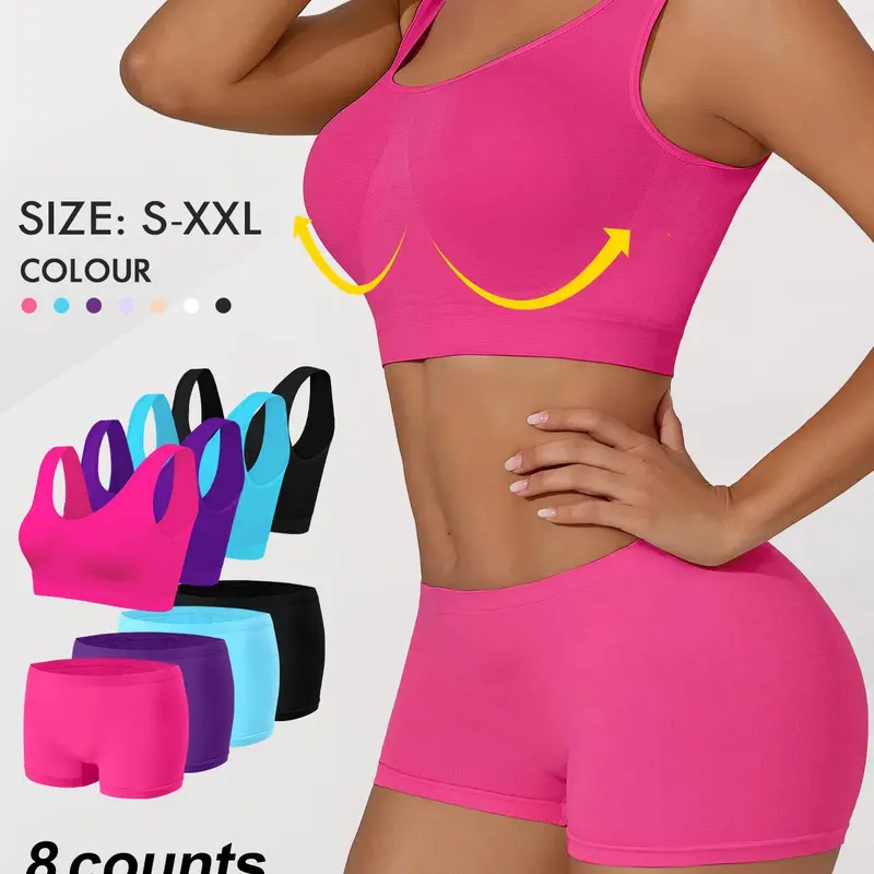 4/7 Piece Set Women's Large Bust Slim Fit Wireless Bra, Sporty Full Coverage Mid Waist Knit Suit, Sporty Chic Outfit, Buckleless Unlined Lingerie, Summer Activewear, Athleisure Outfits, High Elastic Activewear, Activewear Look