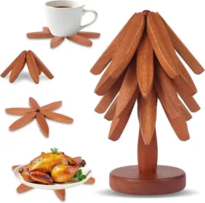 Wooden Trivets for Hot Dishes, Hot Dish Coaster with Tree-Shaped Wood Collapsible Hot Pad Trivet Tree for Restaurant, 4 Wooden Trivet + 1 Stand