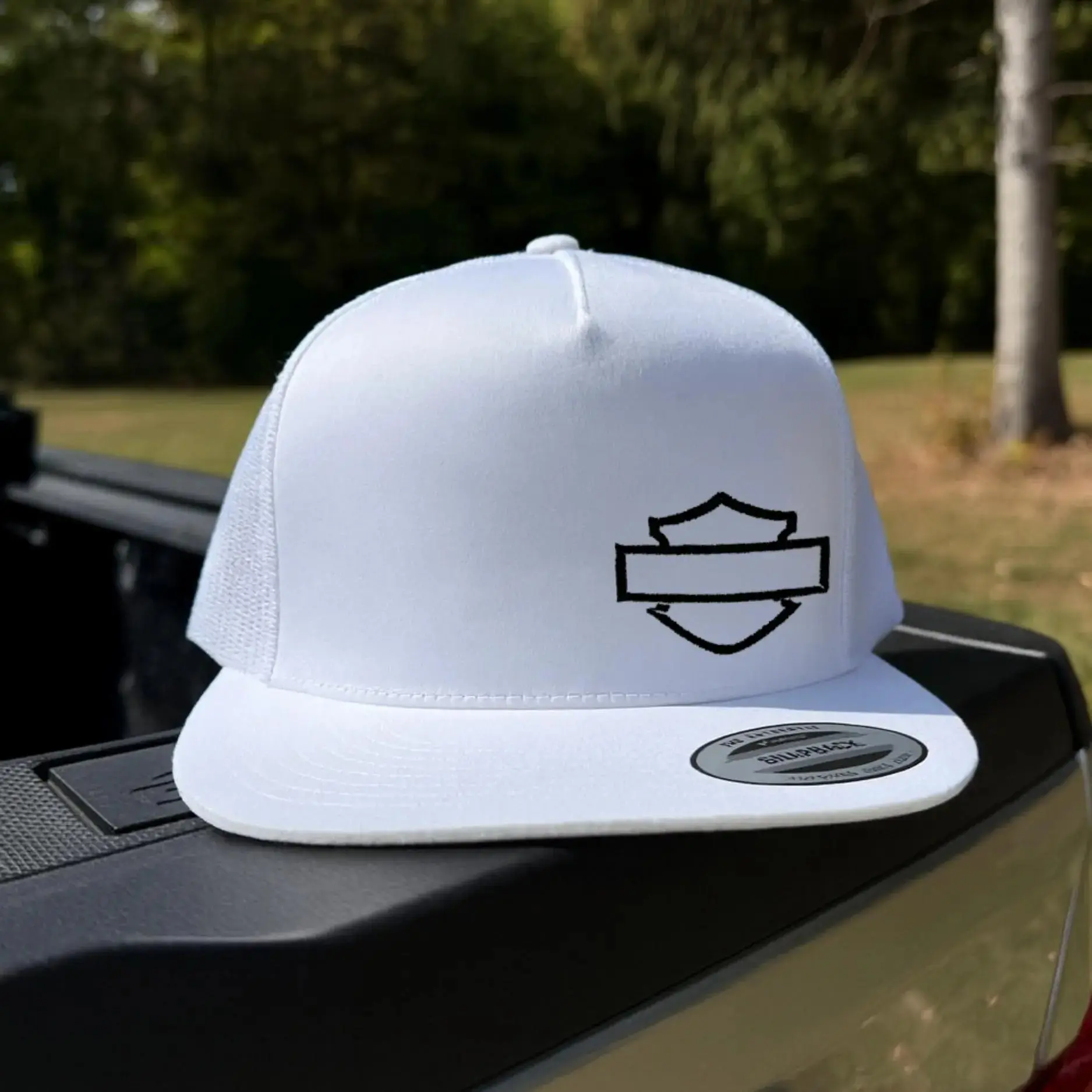 Motorcycle Logo Embroidered Hat, Bar and Shield SnapBack Trucker Hat, Unisex Adjustable Snapback Trucker Hat – Summer Beach & Sports Cap with Mesh Back