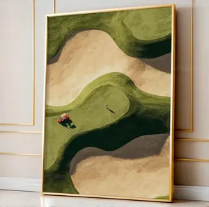 Golf Sand Trap Art Print, Minimalist Abstract Course Wall Poster, Tiny Golfer and Cart Vintage Decor. No Frame