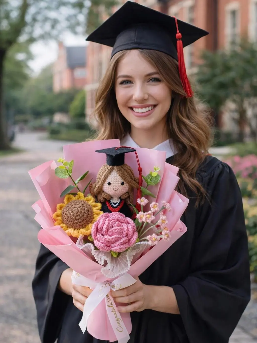 Custom Graduate Doll with Flowers, Handmade Crochet Graduation Bouquet, Class of 2026 Gift, Senior Graduation Keepsake, Unique Graduation Bouquet, Graduation Flower Bouquet Gift for Her, Class of 2026 Congrats Flowers, Graduation Ceremony Gift
