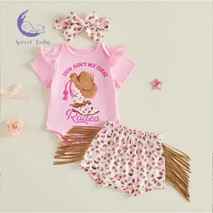 Baby Girl Western Outfit Cowgirl Boots Print Short Sleeve Romper Tassel Shorts and Headband 3 Piece Summer Set