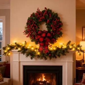 1piece 15.75inch Christmas Red Fruit Wreath, Suitable for Home Fireplace Decoration, Wall Decoration, Door Hanging Decoration, Festive Party Decoration Simulation Flower Wreath