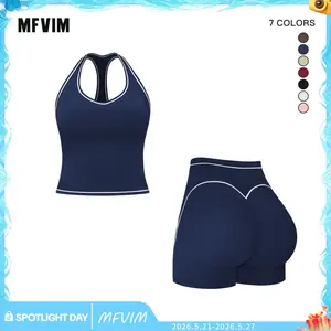 MFVIM Women's Solid Crop Sports Bra & High Waist Gym Shorts Tracksuit Set, High Stretch Casual Breathable Comfortable Quick Drying Spaghetti Strap Backless Sports Bra & Drawstring Waist Skinny Shorts for Yoga Gym Workout, Ladies Sportswear for All Seasons