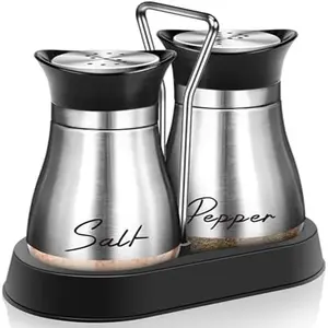 Salt and Pepper Shakers Set with Holder,4 oz Stainless Steel Salt Shaker with Glass Bottom Kitchen RV,Camp,BBQ Refillable Design (Silver)