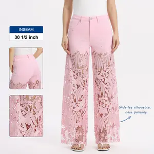 High Rise Stretchy Wide Leg Lace Denim Jeans Rhinestone Embellishment Design Zip Closure Fit Womensear Bottoms