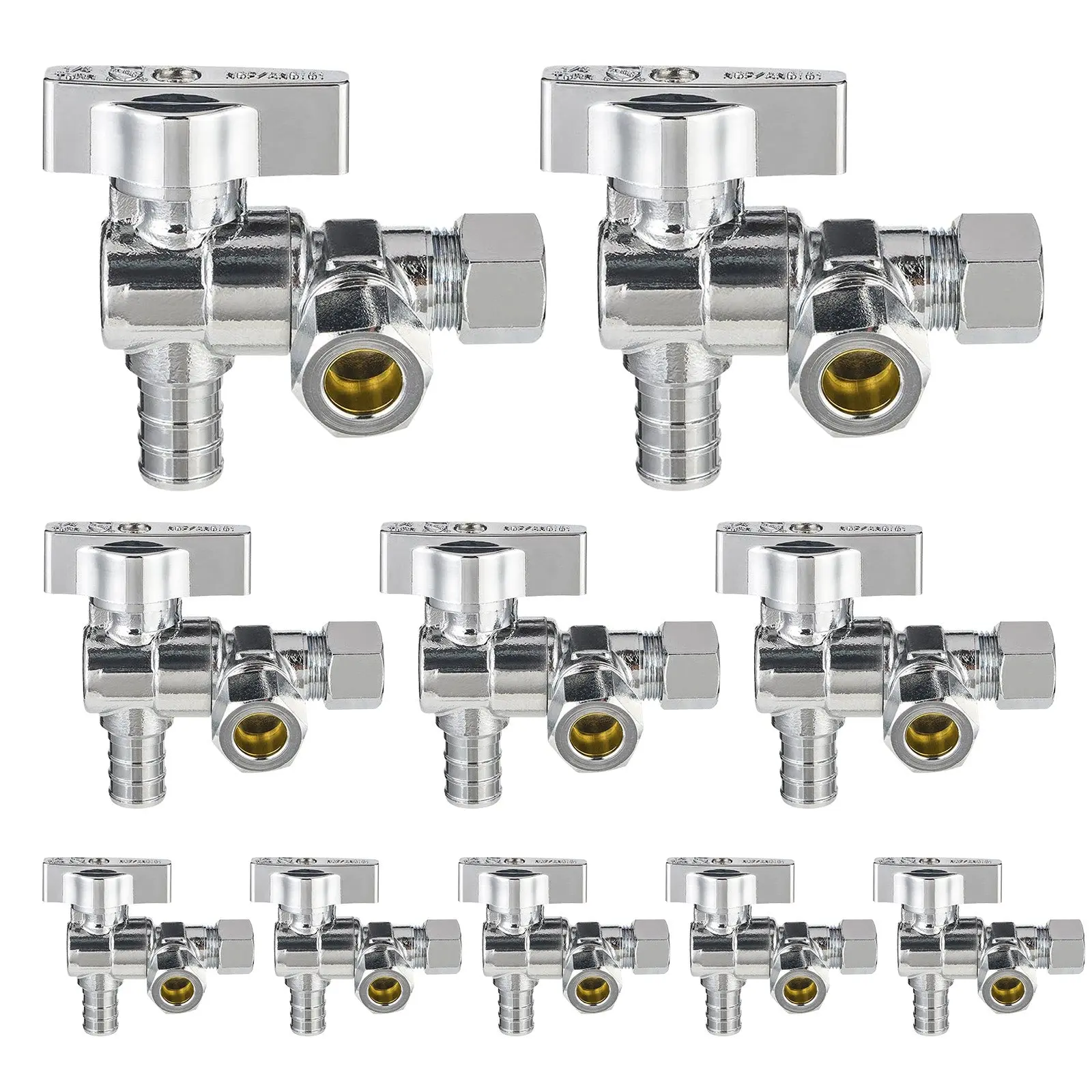 10-Pack 1/2" PEX Crimp x 3/8" ODx 3/8" OD Compr. Split Angle Stop Valve, Quarter Turn (Lead Free)