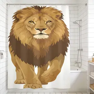 Lion Print Shower Curtain Set, Boho Style, Geometric Pattern, Includes U-Shaped Bath Mat, Toilet Lid, Hooks, Halloween Christmas Thanksgiving Design