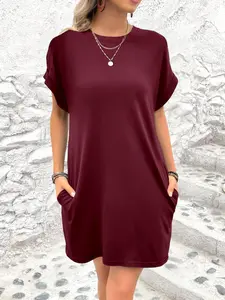 Women's Plain Curved Hem Tee Dress, Casual Short Sleeve Crew Neck Dress for Spring & Fall, Women's Clothing for Daily Wear