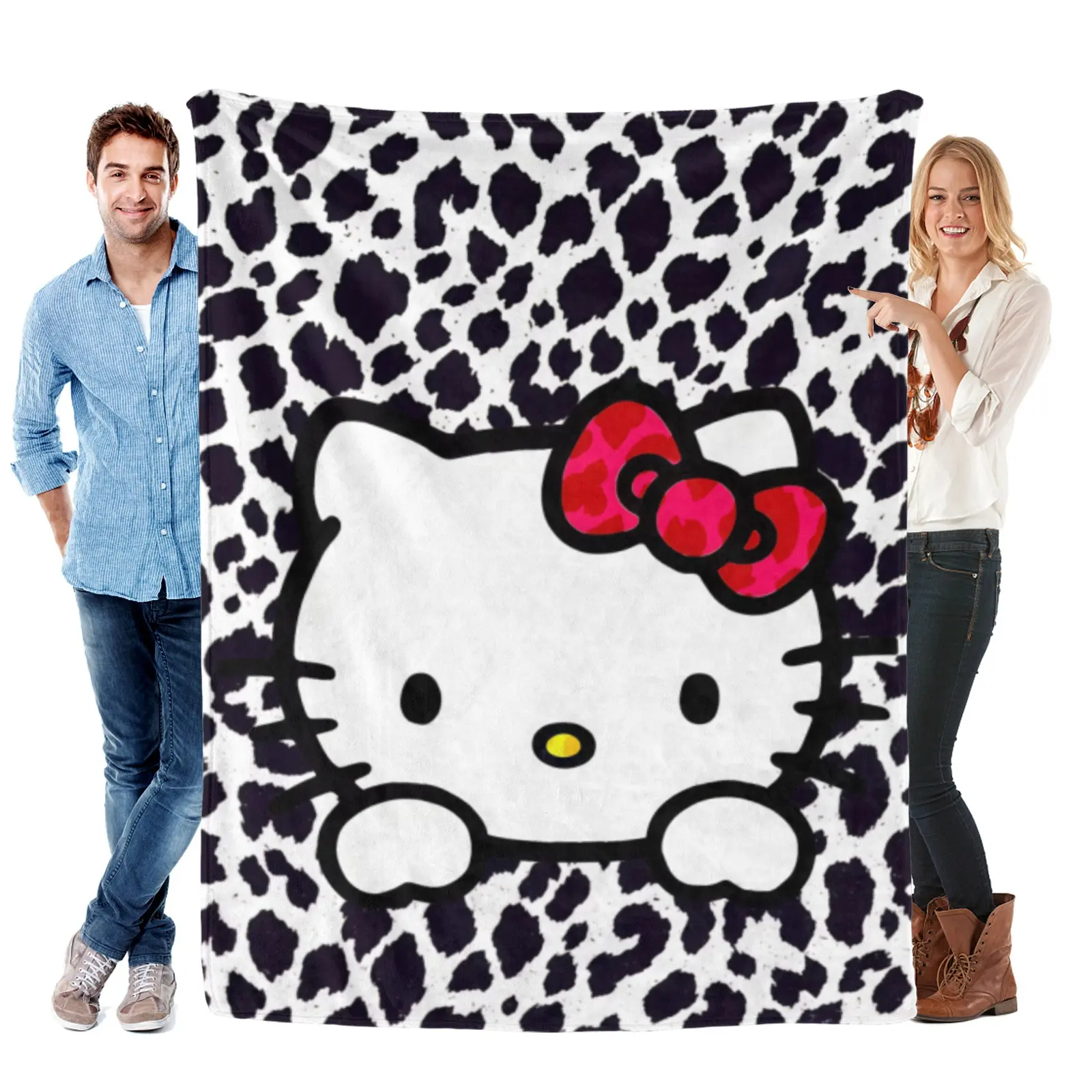 Sanrio Hello Kitty Leopard Print Blanket, Cute Kitty Face with Pink Bow, Black and White Animal Print Flannel Throw, Soft Cozy Fleece Blanket, Kawaii Bedroom Decor, Gifts for Hello Kitty Fans