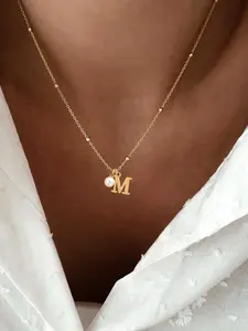 Women's Stainless Steel Initial Pearl Pendant Necklace, Fashion Classic Design Jewelry for All Seasons, Casual Style Chain