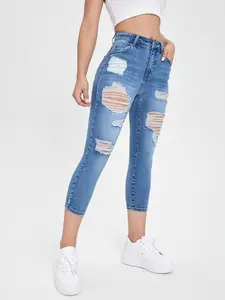 Sweet Cool Style Ripped Hem Seven-Point Denim Skinny Jeans, Loose-Fitting Boho Bohemian Fashion Pants, Solid Pattern, Women's Casual Wear Bottom, Womenswear