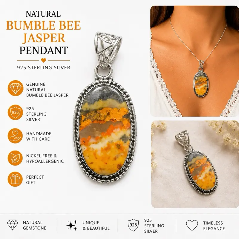 Bumble Bee Jasper Natural Stone Pendant, 925 Sterling Silver Jewelry, Gift Ideas for Special Occasions