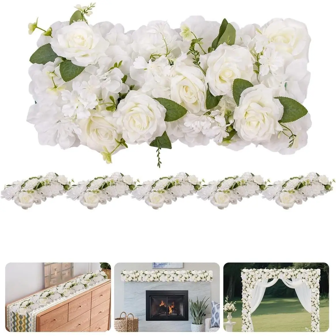 6-Pack Lightweight Artificial Flower Garland Set, Realistic Silk Faux Vines, Decorative for Wedding Arch, Table & Outdoor Furniture Decoration, Rose White