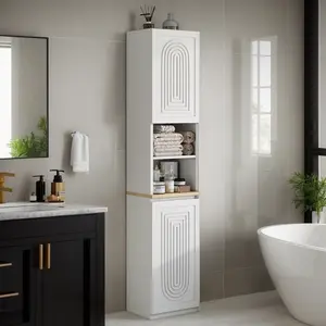 Loomie 67 Inch Slim Tall Bathroom Storage Cabinet, Narrow Freestanding Cabinet with 2 Lockable Doors & Adjustable Shelves, White Compact Floor Storage Organizer for Tight Small Spac